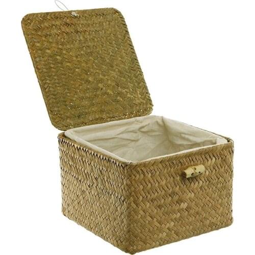 HOT Brown Hand Woven Rattan Home Storage Basket/Decorative Box With Lid & Removable Fabric Lined Interior