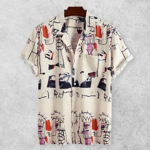 Fashion Casual Shirt Men Graffiti Printing Short Sleeve Lapel Breathable Chic Blouse Slim Hawaiian Shirts Men Streerwear