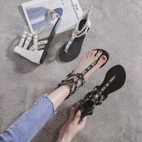Gladiator Sandals Roman Style Fashion Cross Skull Flip Flops Women Flat Sandals punk style crystal skull