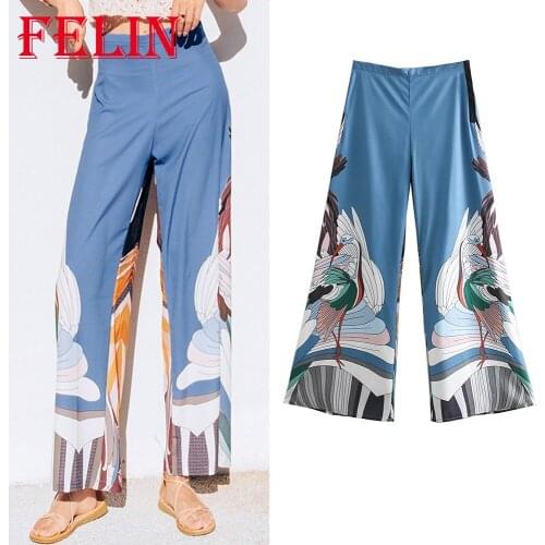 FELIN Za Chinese Style Print Wide Leg Pants Women High Waist Loose Vintage Pants Female Fashion 2021 Chic Mujer Trousers New