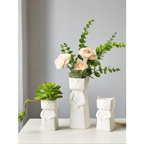 Nordic White Ceramic Sculpture Flower Vase Modern Creative Simulation Flower Pot Decoration Desktop Decoration Cat Statue Crafts