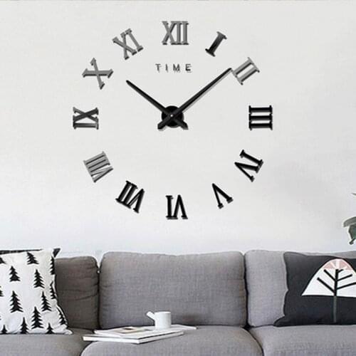 Modern DIY Large Roman Number Wall Clock 3D Mirror Surface Wall Sticker Clock Art Decor