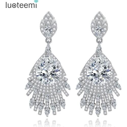 LUOTEEMI Brand Lucurious Wedding Accessories Micro Paved Tiny Zircon with Big CZ Pendant Brincos for Bride Drop Earrings Gift