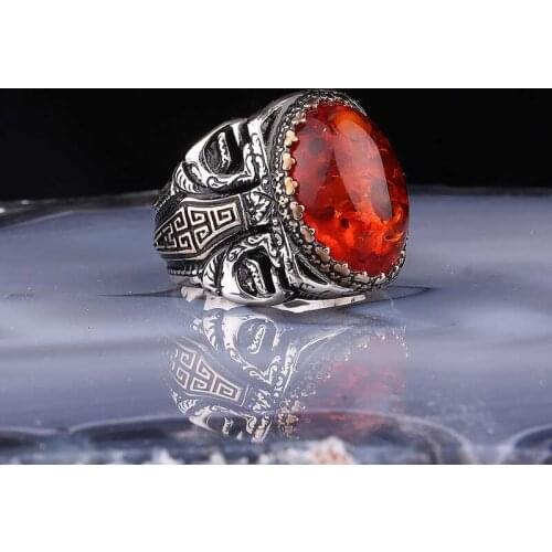 Tevuli 925 Sterling Silver Amber Gemstone Oval Male Ring