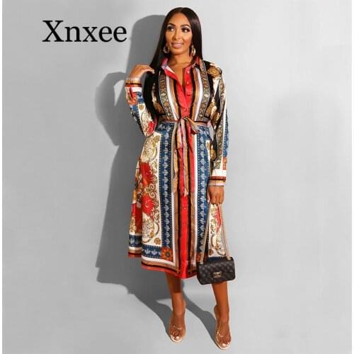 Vintage Belt African Dresses Blouse Women Long Sleeve Plus Size Shirt Sexy Night Party Midi Dress Vestidos Ladies Clothes