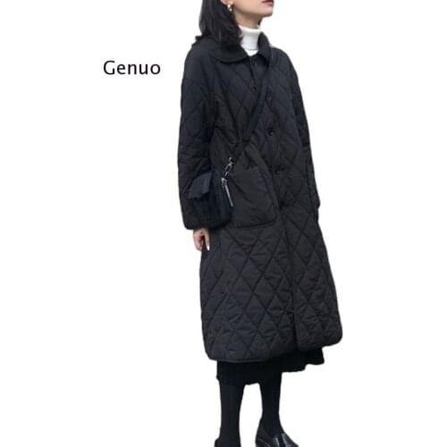 Winter Women Long Black Jacket Plus Size Argyle Parka Ladies Cotton-Padded Coat Side High Split Light Femme Robe Outwear Cloak