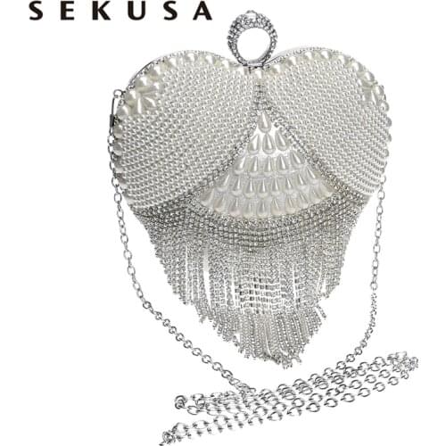 SEKUSA Heart tassel rhinestones women evening bags imitation pearl ladys handle evening bag finger ring diamonds small clutches