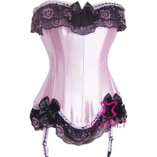 Brand New Body Sculpting Satin Boned Lace up Back Pink Bow Corset Basque Woman Burlesque Corsets And Bustiers With Suspenders
