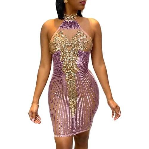 2020 Fashion Womens Sexy Party Dress Solid Gauze Sequins See-through Backless Halter Lady Dress Elegant Body Shape Femme Dress