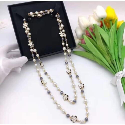 2021 Brand Fashion Party Women Hot Vintage Blue Pearls Sweater Chain Gold Color Double Pearls Necklace Belt Party Fine Jewelry