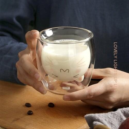 2 Peices Cartoon Double Wall Glass Coffee Cups Set Cute Bear Cat Drinking Glasses