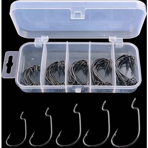 50pcs Wide Crank Fishing Hooks Carbon Steel Offset Fishhook 3/0#-2# Bass Barbed Carp Fishing Hook For Soft Worm Lure