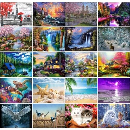 5D Diamond Painting New Product Seaside Scenery Complete Round Diamond Embroidered Rhinestone Waterfall House Mosaic Home Decora