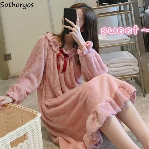 Coral Velvet Nightgowns Women Sweet Pink Bow Soft Comfortable High Quality Warm Girls Leisure All-match Loose 2XL Harajuku Daily