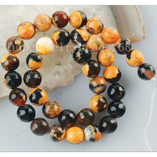 Free shipping Women 10mm Black Yellow Carnelian Faceted Ball Loose Beads FG6145