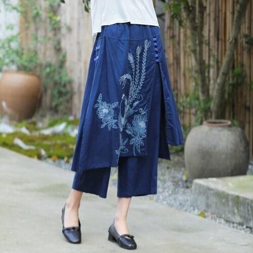 Cotton Linen Wide Leg Pants Trousers 2021 Chinese Style Women Ethnic Vintage Embroiedry Elastic Waist Loose Skirt Pants 30757