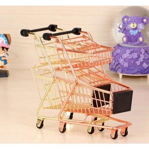 Mini Double Layers Shopping Cart Model Wrought Iron Supermarket Trolley Metal Rose Gold Storage Basket