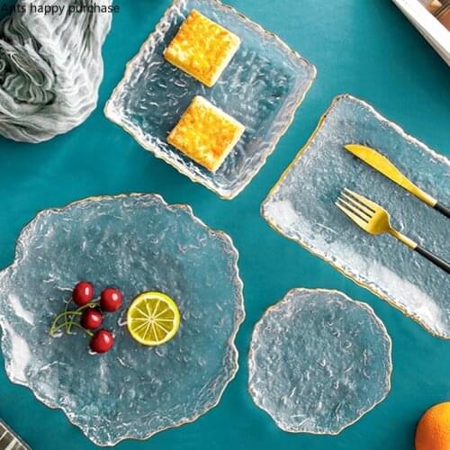 European Transparent Crystal Glass Plate Gilded Irregular Dessert Fruit Plate Household Dinner Tableware Set Kitchen Utensils