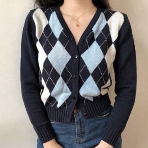 Zoki Argyle Women Cardigan Vintage Autumn Knit Short Sweater Long Sleeve England Fashion Casual Female Outwear Dropshipping
