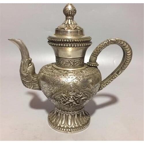 Chinese Bronze Carving Tibet Silver Dragon Teapot Water Pot Animal Statue Fengshui Decoration Auspicious Gift Home Decoration
