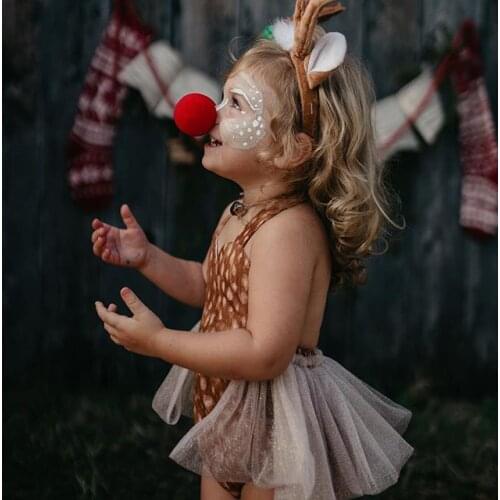 2PC Christmas Baby Girl Romper Cartoon Deer Tulle Sequins Jumpsuit Headband Xmas Party Costumes Backless Kids Clothes 3-24M