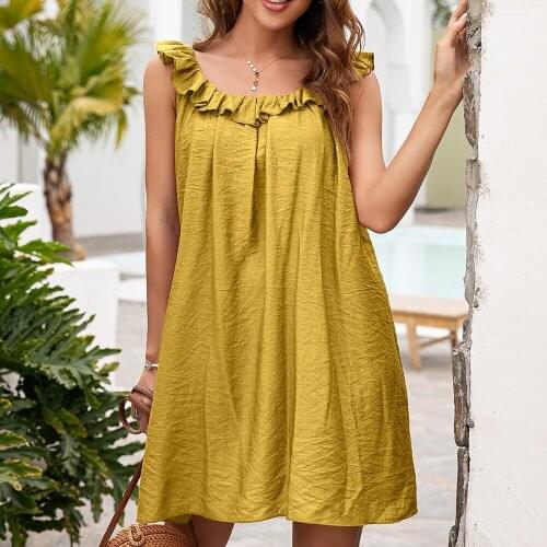 Summer Sundress Loose Solid Dress Fashion Women Casual O Neck Ruffles Patchwork Beach Mini Dress Ladies Dresses Female Vestidos