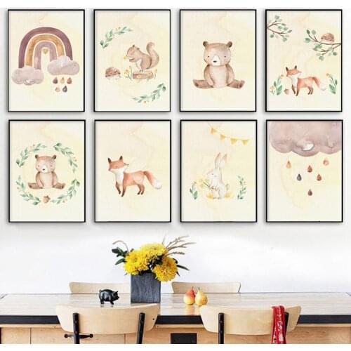 Fox Rabbit Bear Squirrel Rainbow Clouds Numbers Posters And Prints Wall Art Canvas Painting Wall Pictures Kids Room Boho Decor