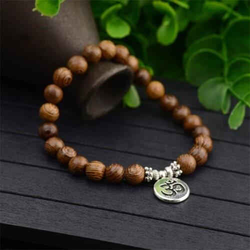 Trendy Sandalwood 8mm OM Lotus Bracelet Tibetan Buddhist Mala Buddha Charm Rosary Bracelet Yoga Wooden For Women Men Jewelry