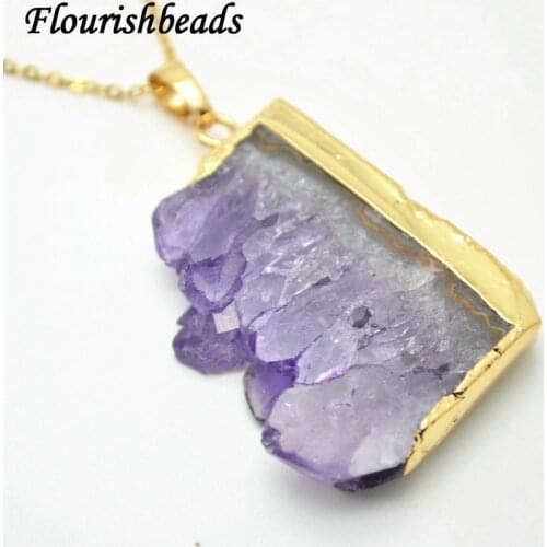 Natural Drusy Amethyst Bail on Side Square Shape Stone Pendant Linked Chains Necklace Fashion Woman Jewelry