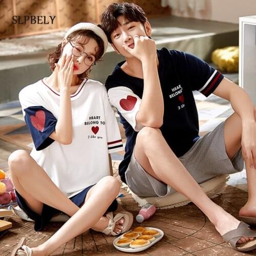 SLPBELY Couple Pajamas Set Summer Femme Male Pyjamas Heart Cartoon Printed Short Sleeved Men Women Homewear Lover Pijama 2pc Set