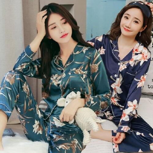 2020 Summer Autumn Long Sleeve Silk Satin Print Pajamas Sets For Women Sleepwear Suit Pyjamas Homewear Pijama Mujer Home Clothes