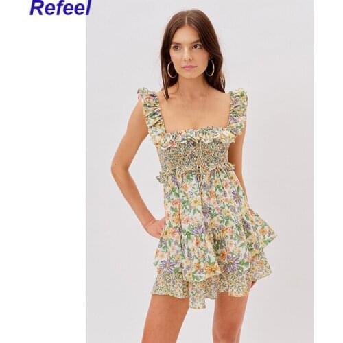 Sexy Floral Print Back Waist Hollow Out Backless Ruffle Strap Mini Dress Sleeveless Short Tank Dresses Holiday Woman Robe