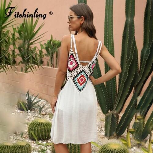 Fitshinling Handmade Crochet Boho Dress Holiday Patchwork Sexy Hot Backless Pareo Beach Summer Sundress 2021 Vintage Robe New