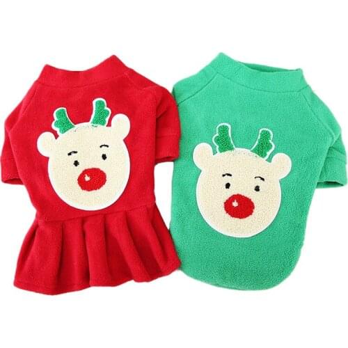 Christmas Dog Clothes Cute Cartoon Deer Couple Dog Fleece Puppy Dress For Small Dogs Cats Winter Warm T-shirt Pets Xmas Costume