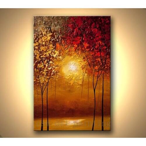HandPainted Modern Contemporary Abstract Blooming Tree Picture Handmade Wall Art Sunset Forest Palette Knife Canvas Oil Painting