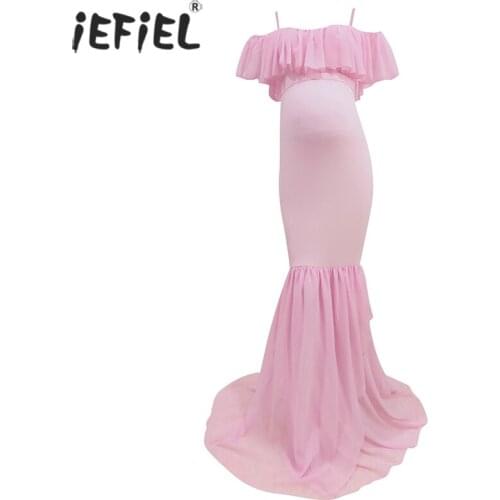 Mermaid Maternity Dresses For Photo Shoot Pregnant Women Ruffles Pregnancy Dress Photography Props Off Shoulder Maxi Baby Shower
