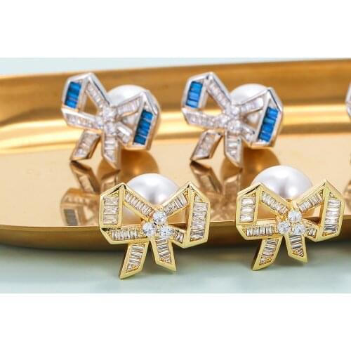 EYIKA New Design Cute Pearl Ear Plug Bowknot Stud Earrings Mix Color Zircon Aretes Delicate Women Jewelry Gold Silver Plated