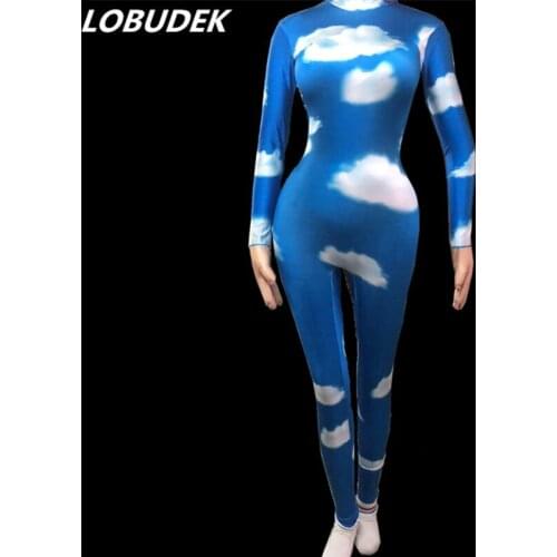 Blue Printing Sexy Skinny Jumpsuit Female Nightclub Costume zentai Singer Stage Wear Acrobatics Performance DS Stretch Jumpsuits