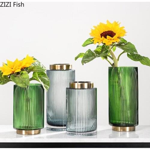 Nordic Vertical Stripe Brass Glass Vase Flower Arrangement Water Culture Flower Plant Green Grey Simple Floral Vases Home Decor