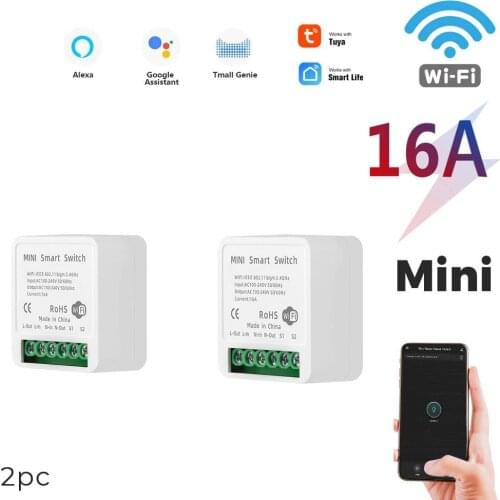 Mini DIY Smart Switch 16A Tuya Wifi Led Light Smart Life Push Module Support 2 Way Voice Relay Timer Work with Google Home Alexa