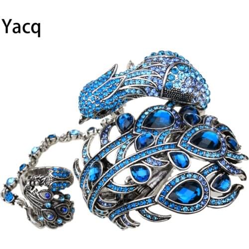 YACQ Peacock Bangle Bracelet Slave Hand Chain Attached Ring Sets Women Jewelry Gifts A23 Silver Gold Color Dropshipping