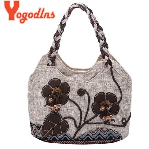 Yogodlns Fashion Flower Totes Bag for Women National Style Shoulder Bag Linen Middle-aged Top-handle Bag Travel Lady Handbag sac