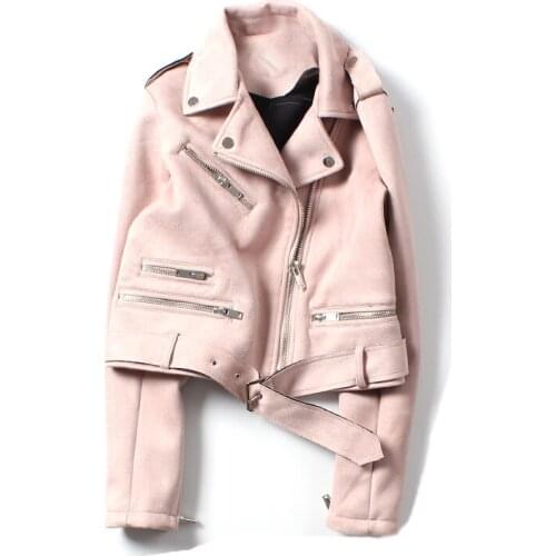 2021 New Spring Faux Suede Jacket Women Biker Coat Basic Street Outwear Short Motorcycle Black Pink Yellow Leather Jacket
