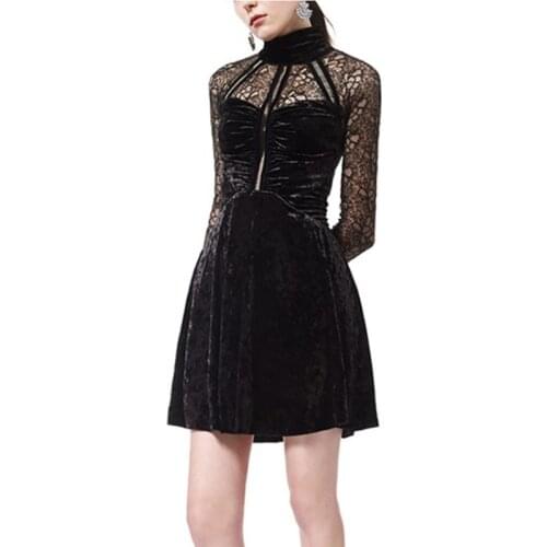 Ladies 2020 Spring New Long Sleeve Turleneck Lace Velvet A-Line Dresses Sexy Hollow Out Slim Black Womens Fashion Party Dresses