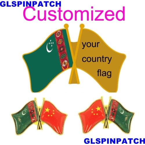 Turkmenistan Crossed Friendship Flag Double Country lapel pin Brooch USA UK France Chile Russia Saudi Arabia Japan Spain Badge