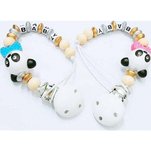100pcs Pacifier Clip With Name Cartoon Panda Wood Beads BPA Free Wooden Teething Toys Pacifier Chain