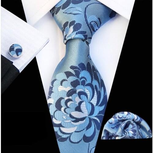 3 Pcs/Set 3.15" Mens Formal Ties Set Embroidered Peony Floral Cravat Tie with Cufflink Pocket Square