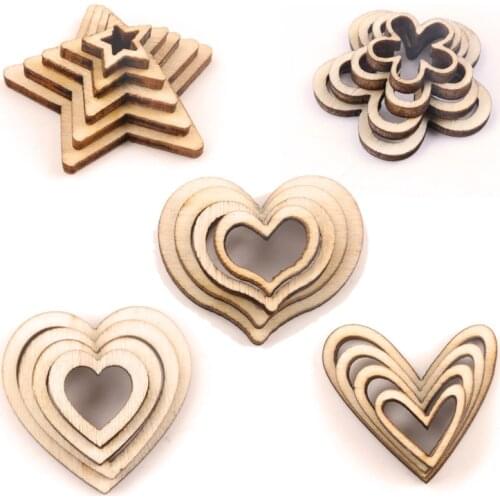 Natural Wooden Hollow Flower Star Heart Handmade Wooden Crafts Accessory Home Decoration Scrapbookings DIY 10-30mm 50pcs