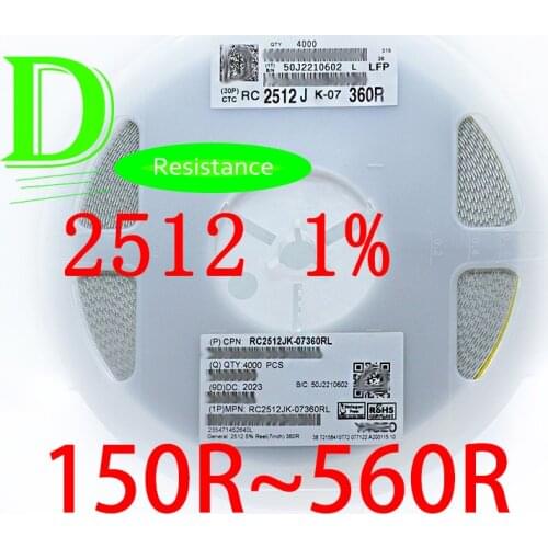 50PCS SMD Resistor 2512 1% RC2512FK-07 Series 150R 160R 180R 200R 220R 240R 270R 300R 330R 360R 390R 430R 470R 499R 510R 560R