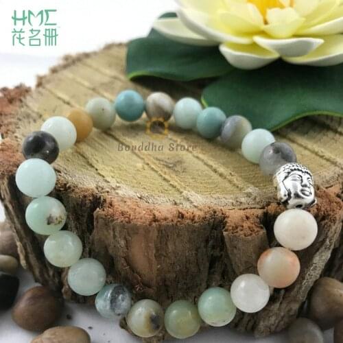 8MM Amazonite Stone Bracelet with Antique Silver Plated Buddha Bracelet approx 19cm
